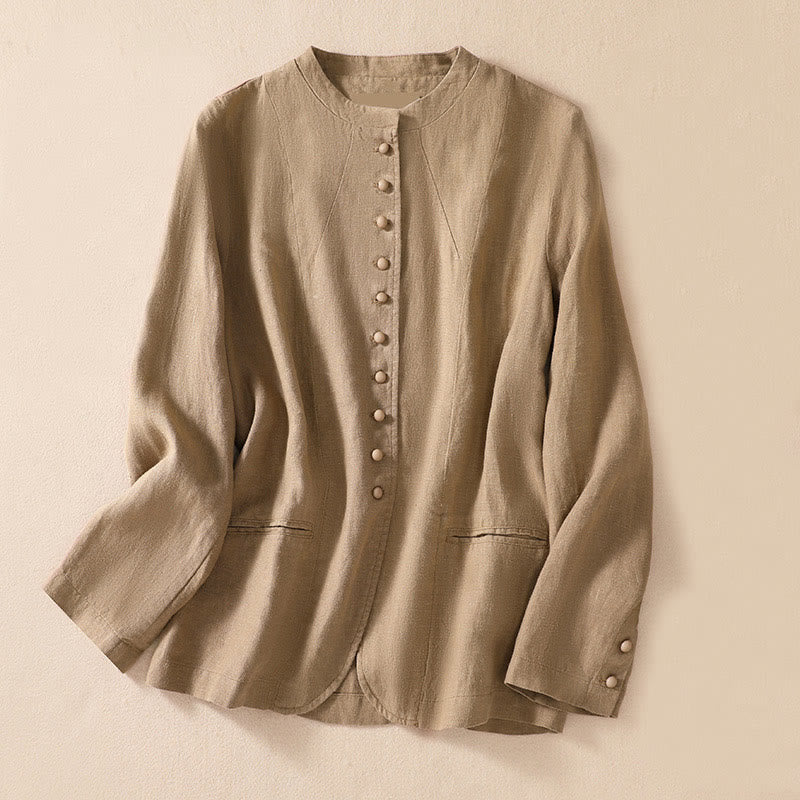 Buddha Stones Women's Cotton Linen Stand Collar Long Sleeve Jacket With Pockets - Tan - US8-10,UK/AU12-14,EU40-42 (2XL) - image 22