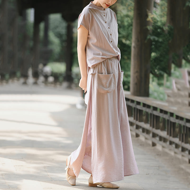 Buddha Stones 2Pcs Buttons Short Sleeve Shirt Top Skirt With Pockets Meditation Cotton Women's Set - image 6