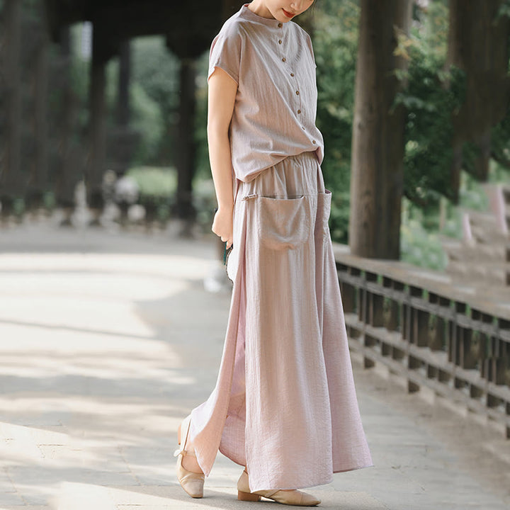 Buddha Stones 2Pcs Buttons Short Sleeve Shirt Top Skirt With Pockets Meditation Cotton Women's Set - image 6