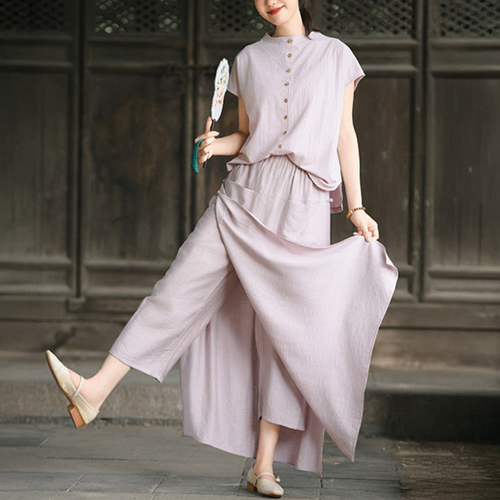 Buddha Stones 2Pcs Buttons Short Sleeve Shirt Top Skirt With Pockets Meditation Cotton Women's Set - LightPink Shirt and RosyBrown Skirt - US8-10,UK/AU12-14,EU40-42 (2XL) - image 0