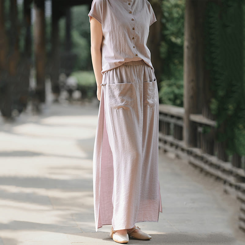 Buddha Stones 2Pcs Buttons Short Sleeve Shirt Top Skirt With Pockets Meditation Cotton Women's Set - image 3