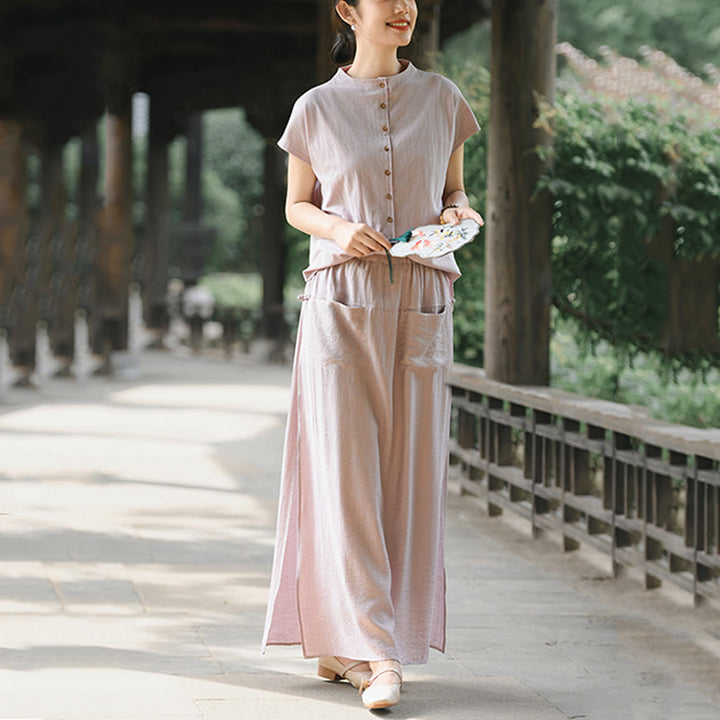 Buddha Stones 2Pcs Buttons Short Sleeve Shirt Top Skirt With Pockets Meditation Cotton Women's Set - image 2