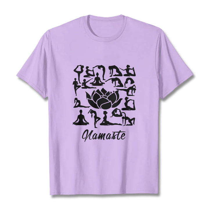 Buddha Stones Casual Lotus Flower Various Yoga Poses Pattern Tee T-shirt - Plum - 2XL - image 16