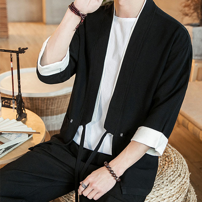 Buddha Stones Lace-Up Design Jacket Cotton Linen Men's Three Quarter Sleeve Kimono With Pockets - image 12