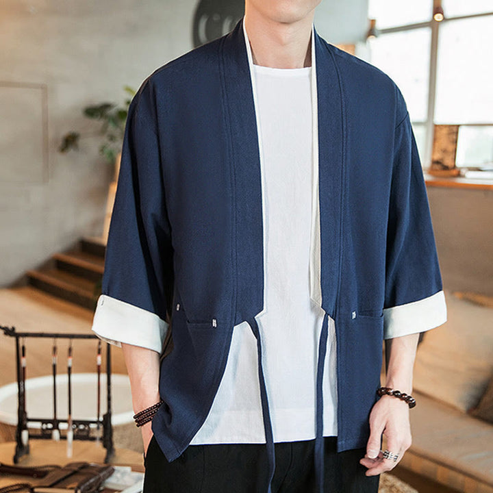 Buddha Stones Lace-Up Design Jacket Cotton Linen Men's Three Quarter Sleeve Kimono With Pockets - image 4