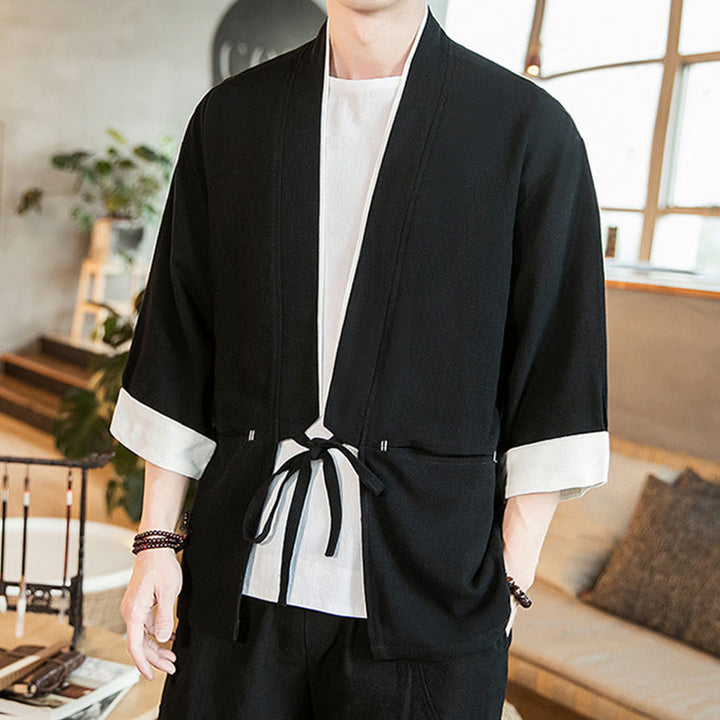 Buddha Stones Lace-Up Design Jacket Cotton Linen Men's Three Quarter Sleeve Kimono With Pockets - Black - US/UK/AU46,EU56 (5XL) - image 8