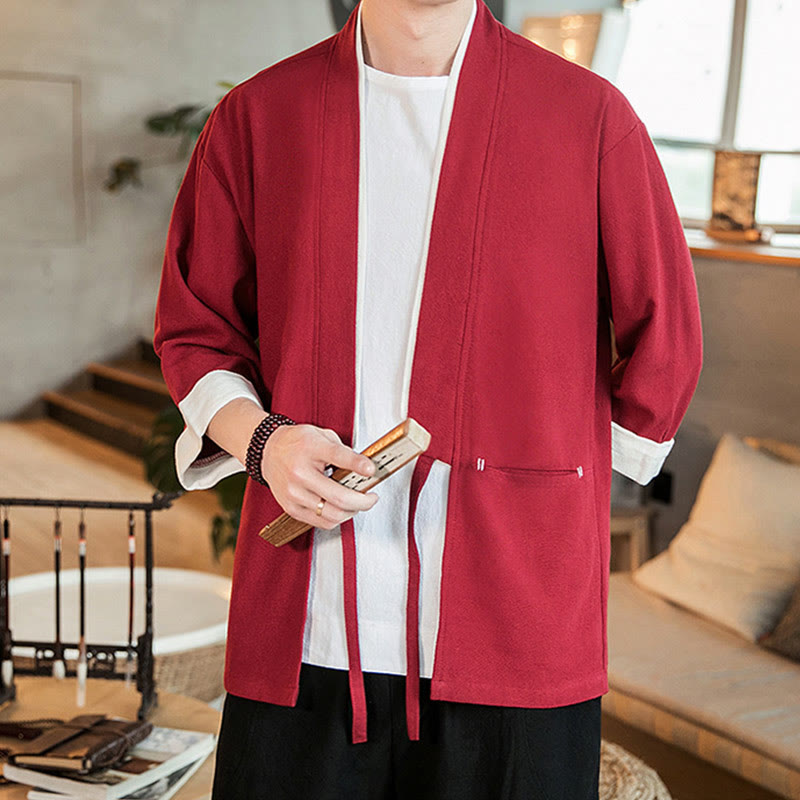 Buddha Stones Lace-Up Design Jacket Cotton Linen Men's Three Quarter Sleeve Kimono With Pockets - Crimson - US/UK/AU46,EU56 (5XL) - image 21