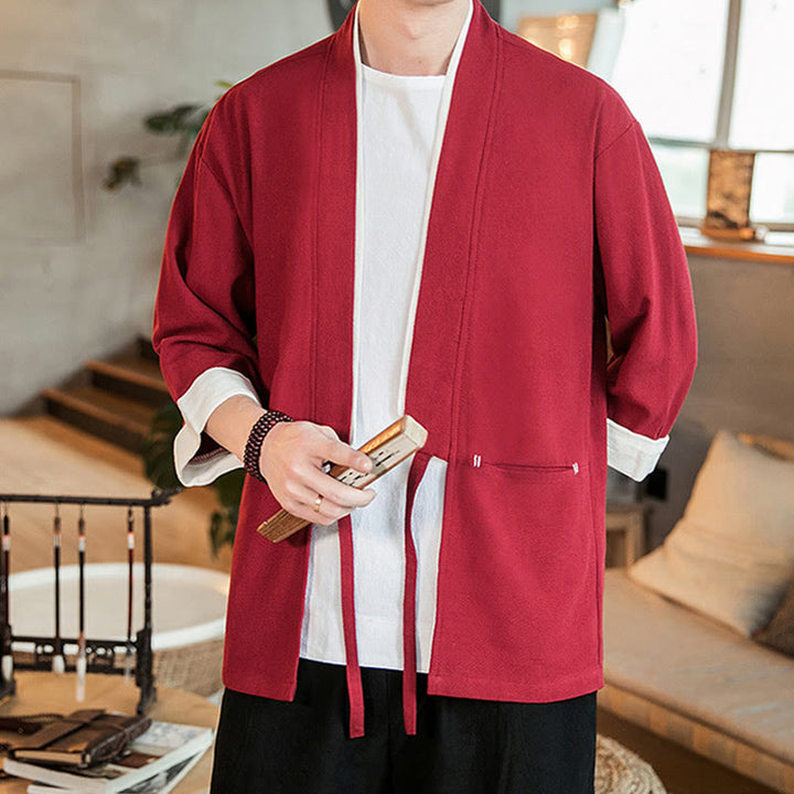 Buddha Stones Lace-Up Design Jacket Cotton Linen Men's Three Quarter Sleeve Kimono With Pockets - Crimson - US/UK/AU46,EU56 (5XL) - image 21