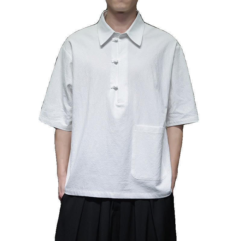 Buddha Stones Commute Plain Half Buttons Design Men's Cotton Linen Half Sleeve Shirt With Pocket - image 10