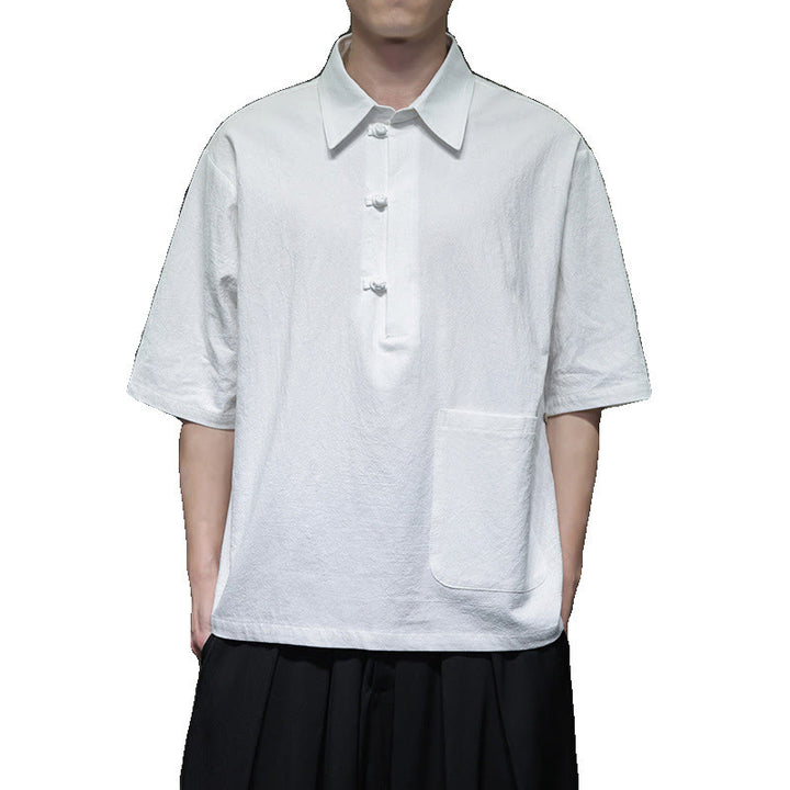 Buddha Stones Commute Plain Half Buttons Design Men's Cotton Linen Half Sleeve Shirt With Pocket - image 10