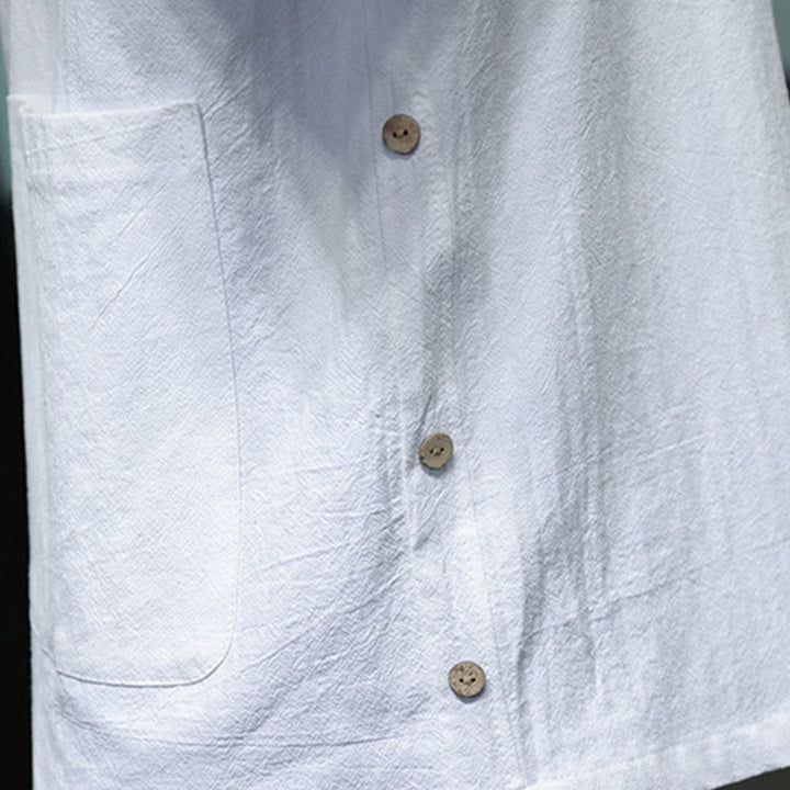 Buddha Stones Commute Plain Half Buttons Design Men's Cotton Linen Half Sleeve Shirt With Pocket - image 8