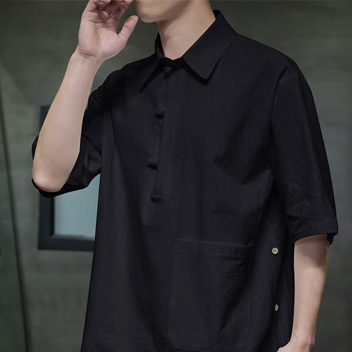 Buddha Stones Commute Plain Half Buttons Design Men's Cotton Linen Half Sleeve Shirt With Pocket - image 13