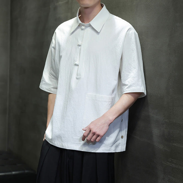 Buddha Stones Commute Plain Half Buttons Design Men's Cotton Linen Half Sleeve Shirt With Pocket - White - US/UK/AU46,EU56 (5XL) - image 0