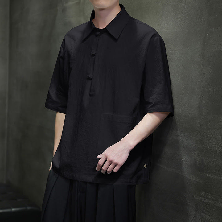 Buddha Stones Commute Plain Half Buttons Design Men's Cotton Linen Half Sleeve Shirt With Pocket - image 12