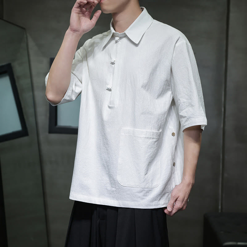 Buddha Stones Commute Plain Half Buttons Design Men's Cotton Linen Half Sleeve Shirt With Pocket - image 1