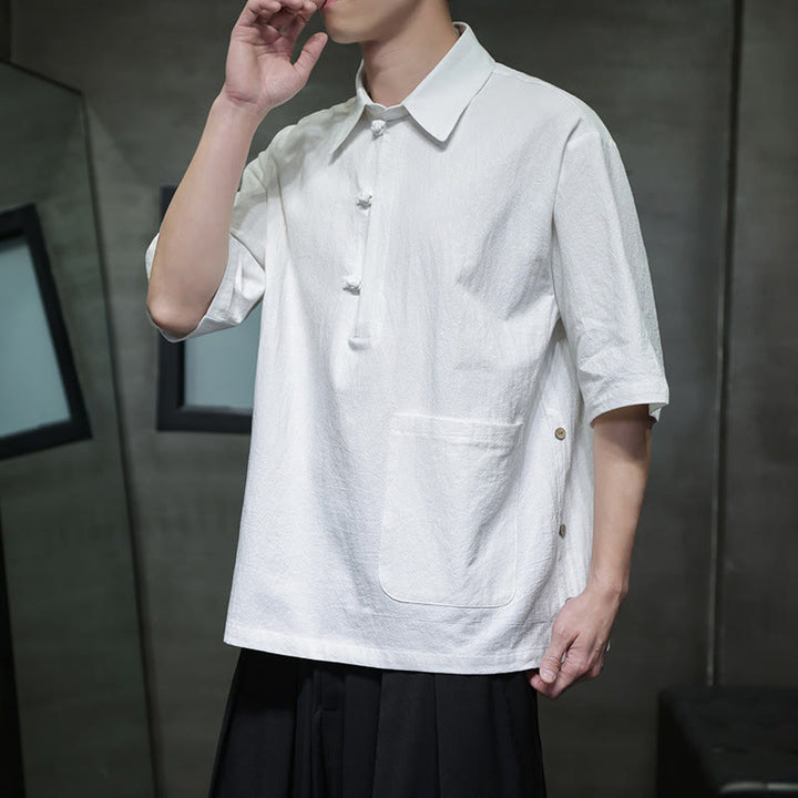 Buddha Stones Commute Plain Half Buttons Design Men's Cotton Linen Half Sleeve Shirt With Pocket - image 1