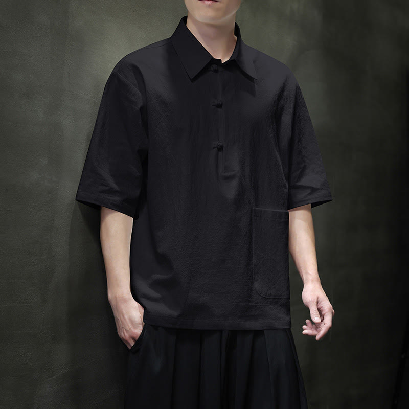 Buddha Stones Commute Plain Half Buttons Design Men's Cotton Linen Half Sleeve Shirt With Pocket - Black - US/UK/AU46,EU56 (5XL) - image 11