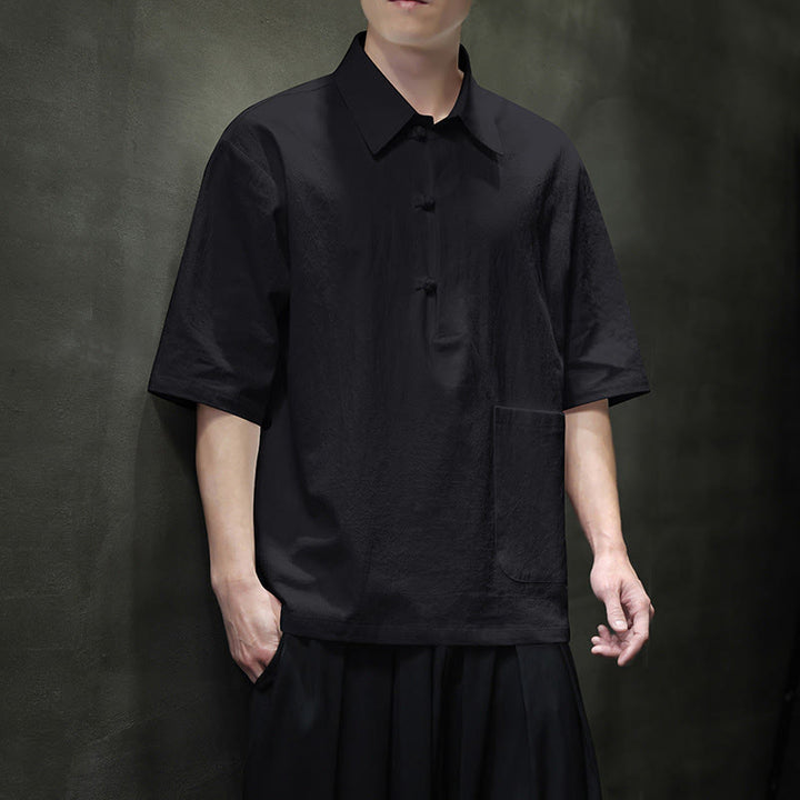 Buddha Stones Commute Plain Half Buttons Design Men's Cotton Linen Half Sleeve Shirt With Pocket - Black - US/UK/AU46,EU56 (5XL) - image 11