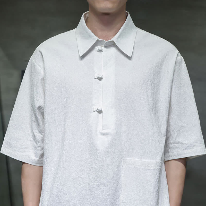 Buddha Stones Commute Plain Half Buttons Design Men's Cotton Linen Half Sleeve Shirt With Pocket - image 3