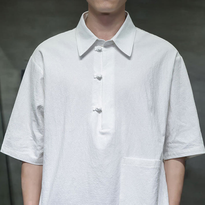 Buddha Stones Commute Plain Half Buttons Design Men's Cotton Linen Half Sleeve Shirt With Pocket - image 3