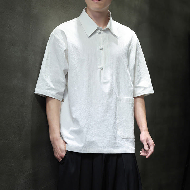 Buddha Stones Commute Plain Half Buttons Design Men's Cotton Linen Half Sleeve Shirt With Pocket - image 2