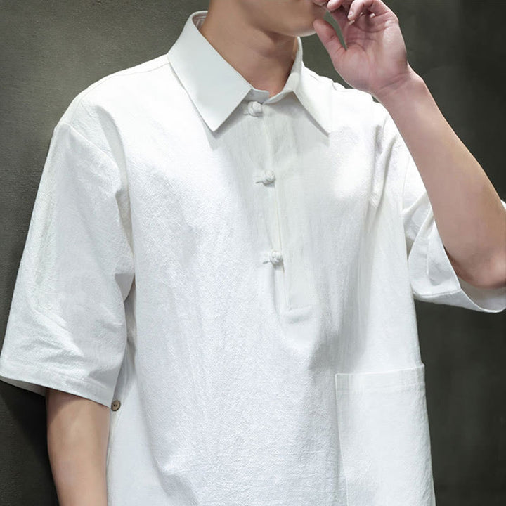 Buddha Stones Commute Plain Half Buttons Design Men's Cotton Linen Half Sleeve Shirt With Pocket - image 5