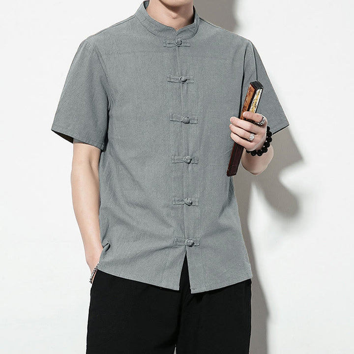 Buddha Stones Casual Solid Color Front Frog Buttons Chinese Tang Suit Short Sleeve Linen Men's Shirt - image 35