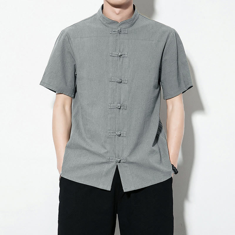 Buddha Stones Casual Solid Color Front Frog Buttons Chinese Tang Suit Short Sleeve Linen Men's Shirt - CadetBlue - US/UK/AU46,EU56 (5XL) - image 29