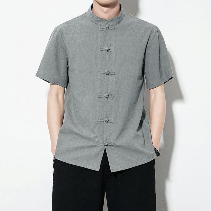 Buddha Stones Casual Solid Color Front Frog Buttons Chinese Tang Suit Short Sleeve Linen Men's Shirt - CadetBlue - US/UK/AU46,EU56 (5XL) - image 29