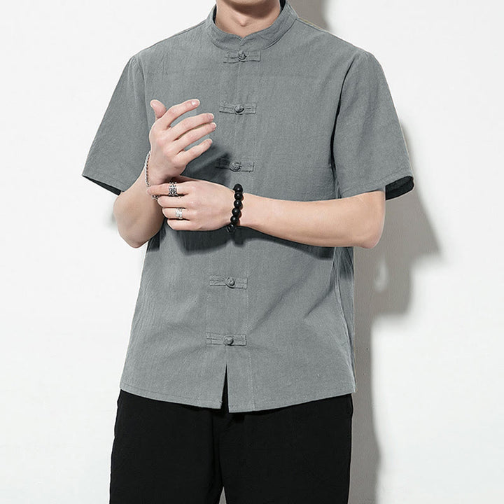 Buddha Stones Casual Solid Color Front Frog Buttons Chinese Tang Suit Short Sleeve Linen Men's Shirt - image 34