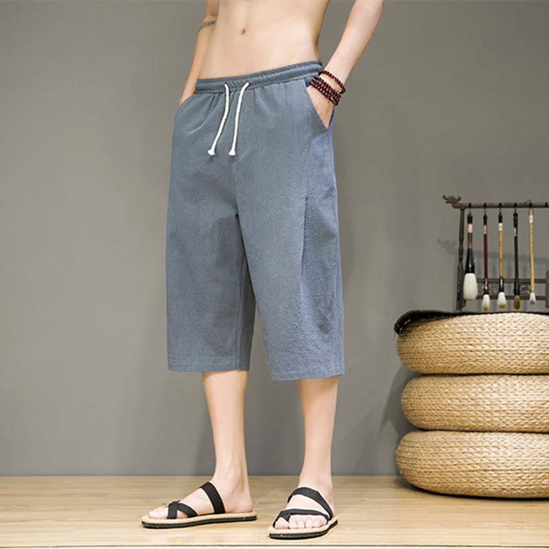 Buddha Stones Casual Summer Drawstring Solid Color Cropped Cotton Linen Men's Harem Pants With Pockets - image 1