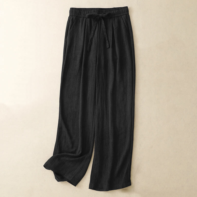 Buddha Stones Casual Summer Lace-Up Texture Design Women's Cotton Wide Leg Pants With Pockets - Black - US8-10,UK/AU12-14,EU40-42 (2XL) - image 7