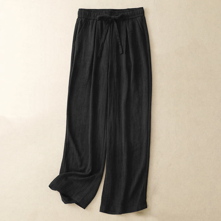 Buddha Stones Casual Summer Lace-Up Texture Design Women's Cotton Wide Leg Pants With Pockets - Black - US8-10,UK/AU12-14,EU40-42 (2XL) - image 7