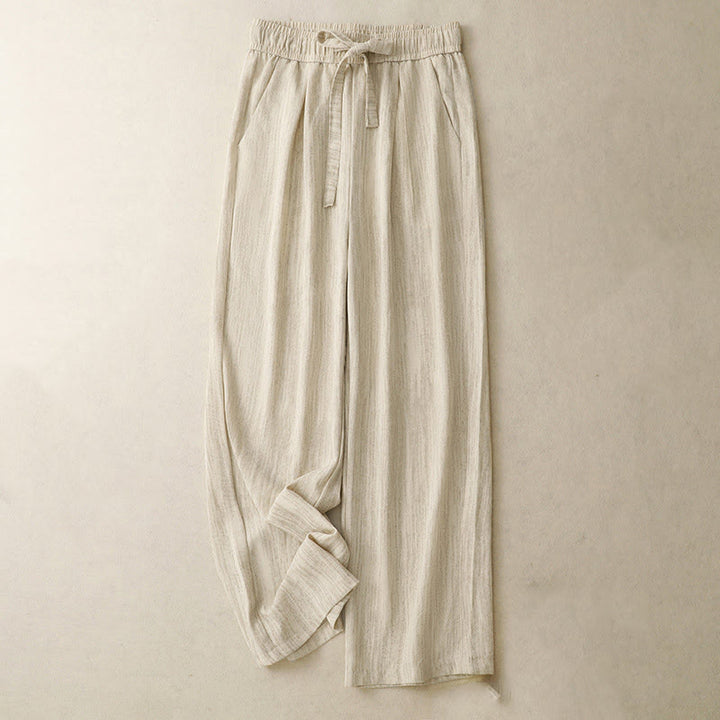 Buddha Stones Casual Summer Lace-Up Texture Design Women's Cotton Wide Leg Pants With Pockets - PaleGoldenrod - US8-10,UK/AU12-14,EU40-42 (2XL) - image 0