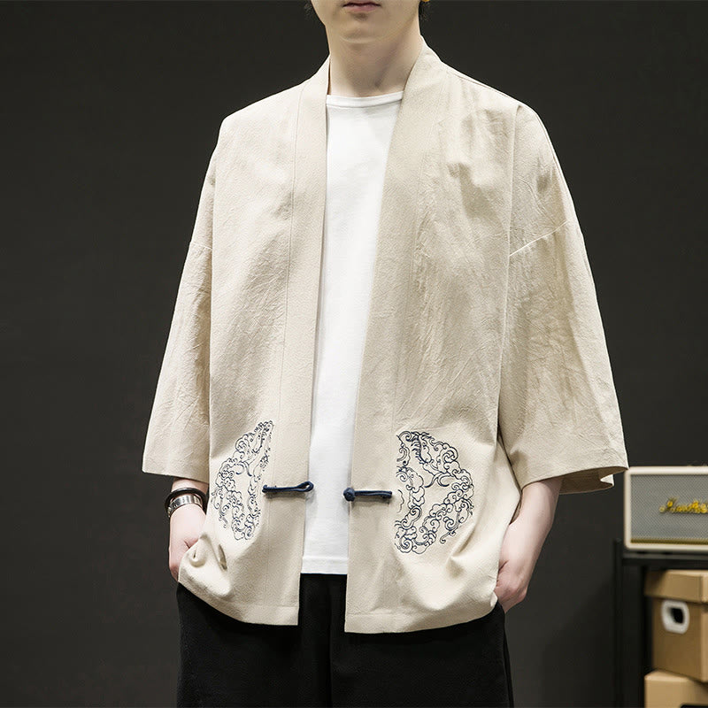 Buddha Stones Chinese Frog-Button Design Open Front Jacket Men's Cotton Linen Long Sleeve Kimono - Beige - US/UK/AU46,EU56 (5XL) - image 8