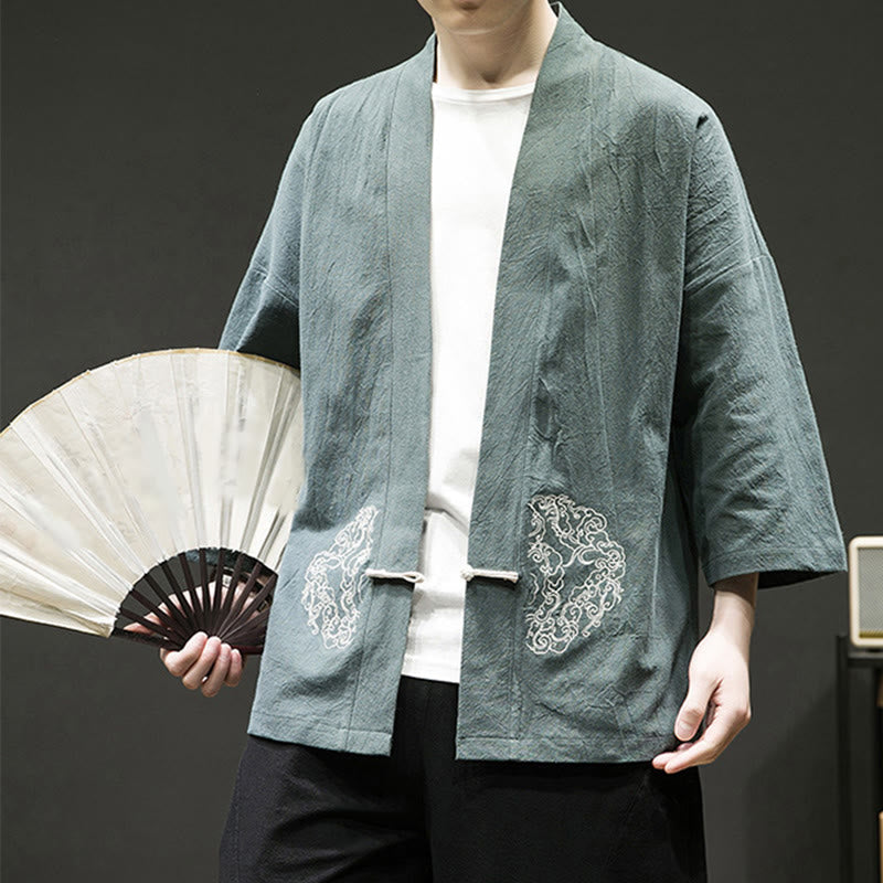 Buddha Stones Chinese Frog-Button Design Open Front Jacket Men's Cotton Linen Long Sleeve Kimono - image 5