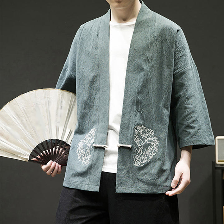Buddha Stones Chinese Frog-Button Design Open Front Jacket Men's Cotton Linen Long Sleeve Kimono - image 5