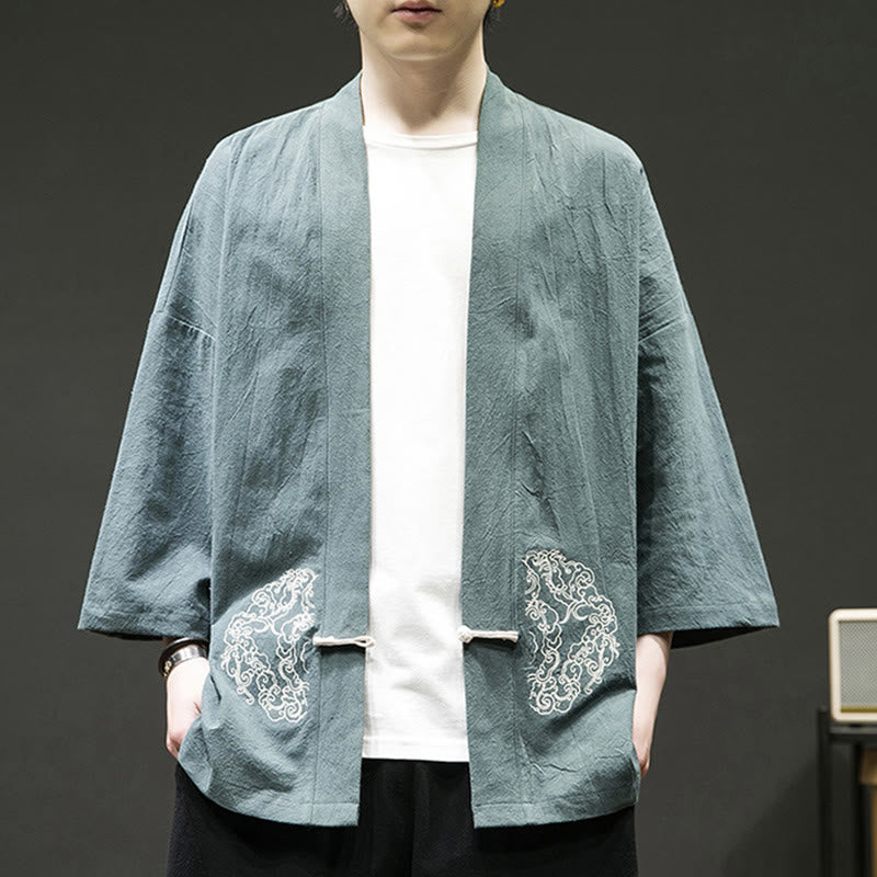 Buddha Stones Chinese Frog-Button Design Open Front Jacket Men's Cotton Linen Long Sleeve Kimono - image 7