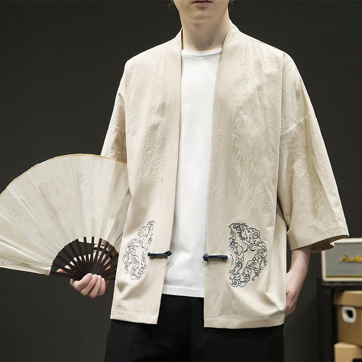 Buddha Stones Chinese Frog-Button Design Open Front Jacket Men's Cotton Linen Long Sleeve Kimono - image 9