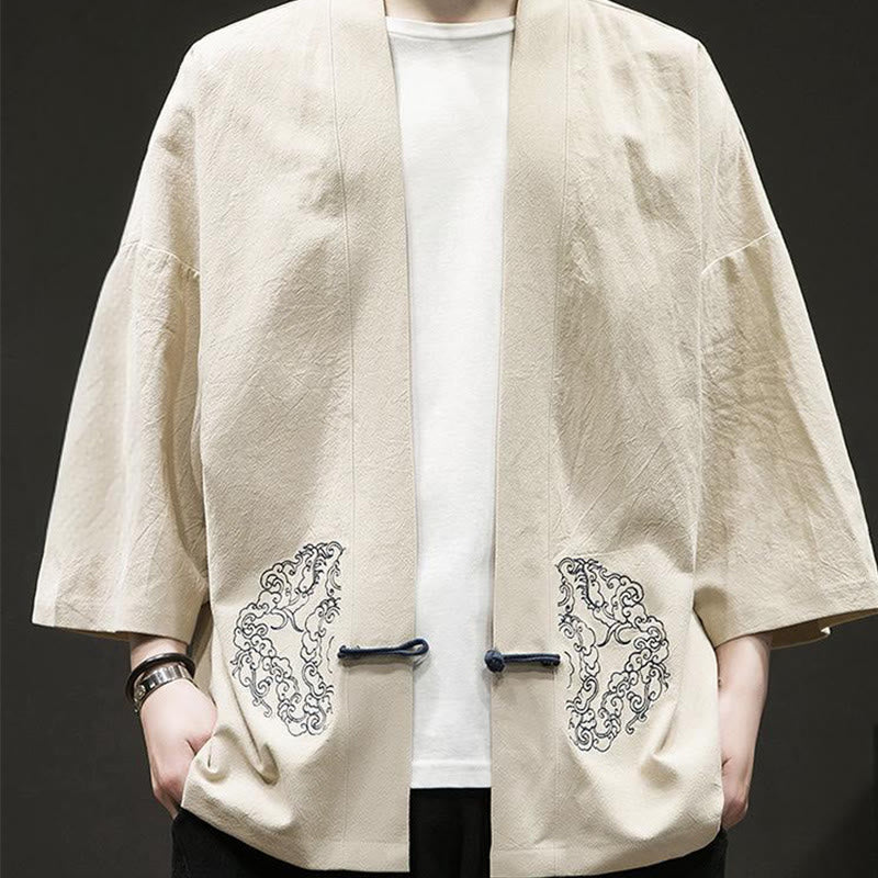 Buddha Stones Chinese Frog-Button Design Open Front Jacket Men's Cotton Linen Long Sleeve Kimono - image 10