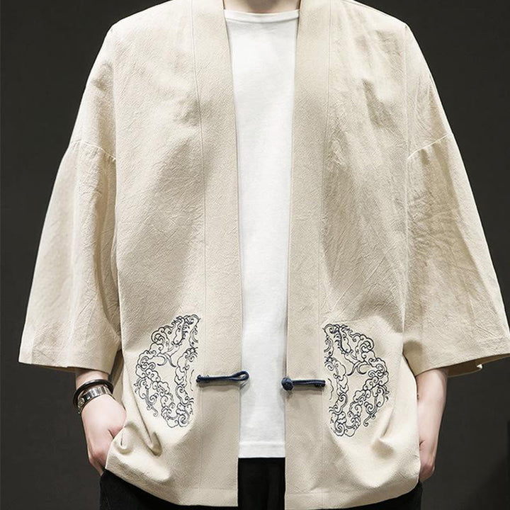 Buddha Stones Chinese Frog-Button Design Open Front Jacket Men's Cotton Linen Long Sleeve Kimono - image 10