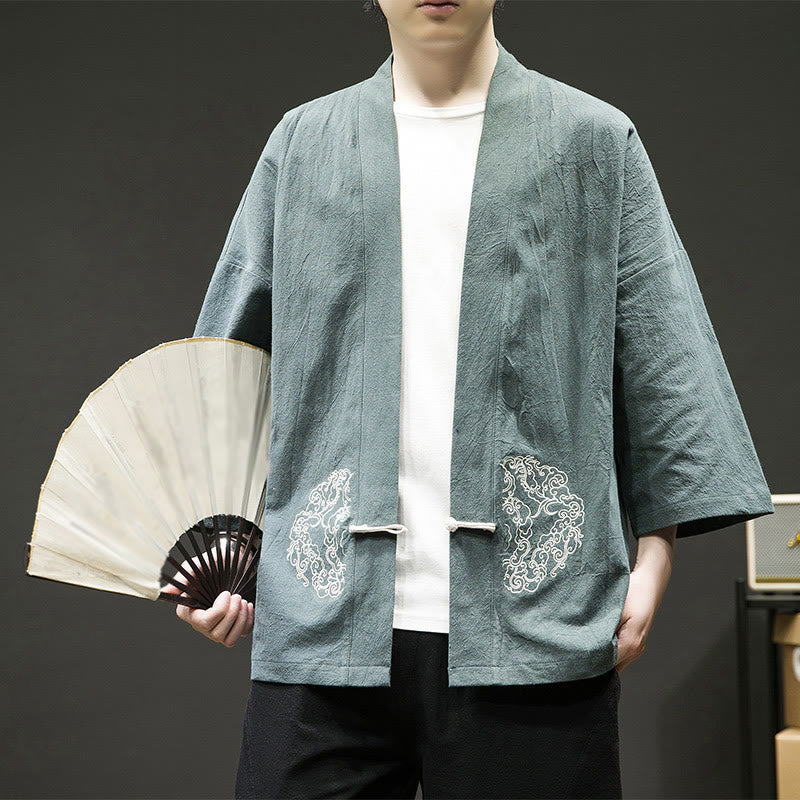 Buddha Stones Chinese Frog-Button Design Open Front Jacket Men's Cotton Linen Long Sleeve Kimono - LightSeaGreen - US/UK/AU46,EU56 (5XL) - image 4