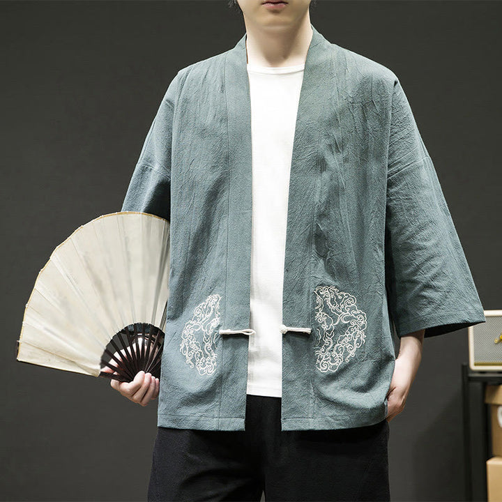 Buddha Stones Chinese Frog-Button Design Open Front Jacket Men's Cotton Linen Long Sleeve Kimono - LightSeaGreen - US/UK/AU46,EU56 (5XL) - image 4
