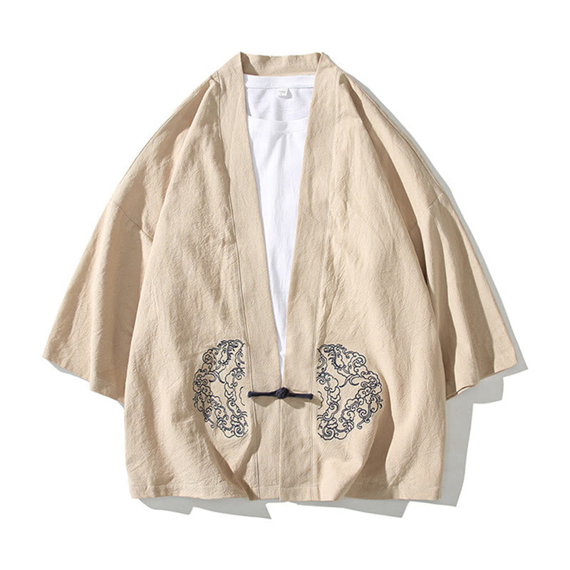 Buddha Stones Chinese Frog-Button Design Open Front Jacket Men's Cotton Linen Long Sleeve Kimono - image 12