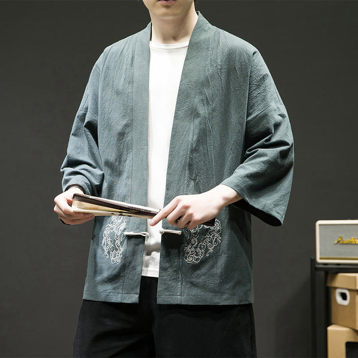 Buddha Stones Chinese Frog-Button Design Open Front Jacket Men's Cotton Linen Long Sleeve Kimono - image 6