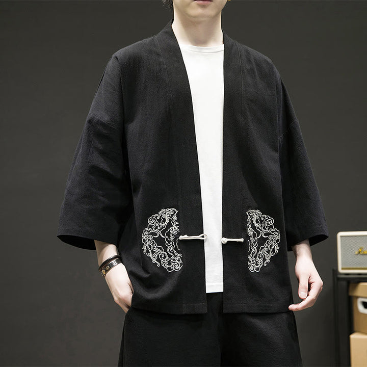 Buddha Stones Chinese Frog-Button Design Open Front Jacket Men's Cotton Linen Long Sleeve Kimono - image 1