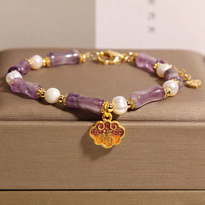 Buddha Stones Natural Peace Lock Bamboo Shape Fu Character Amethyst Pearl Balance Bracelet - Amethyst(Wrist Circumference: 18-22cm) - image 0