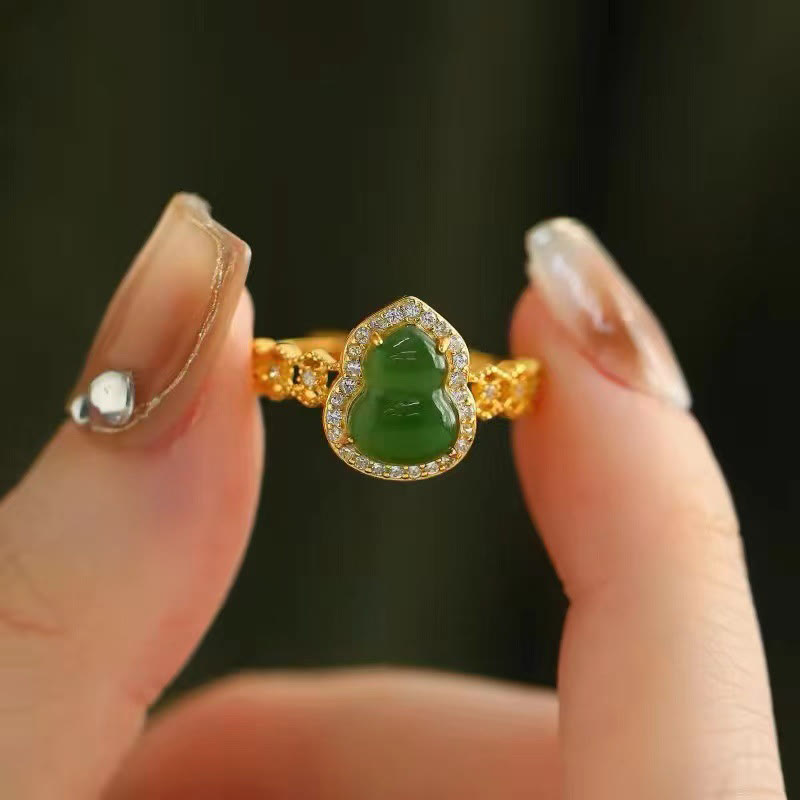 Buddha Stones Vintage Gourd Green Chalcedony Copper Plated Gold Adjustable Wealth Ring - image 10