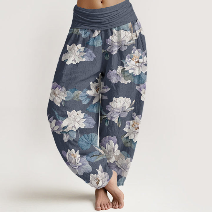 Buddha Stones Casual Elegant Lotus Print Design Women's Elastic Waist Harem Pants - LightSlateGray - US22,UK/AU26,EU54 (6XL) - image 0