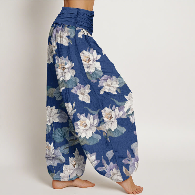 Buddha Stones Casual Elegant Lotus Print Design Women's Elastic Waist Harem Pants - image 5